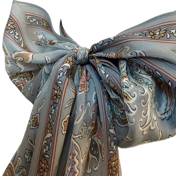 Liz Claiborne Japan 100% Silk Scarf 🇯🇵 – Dusty Blue Paisley Floral - Picture 5 of 11